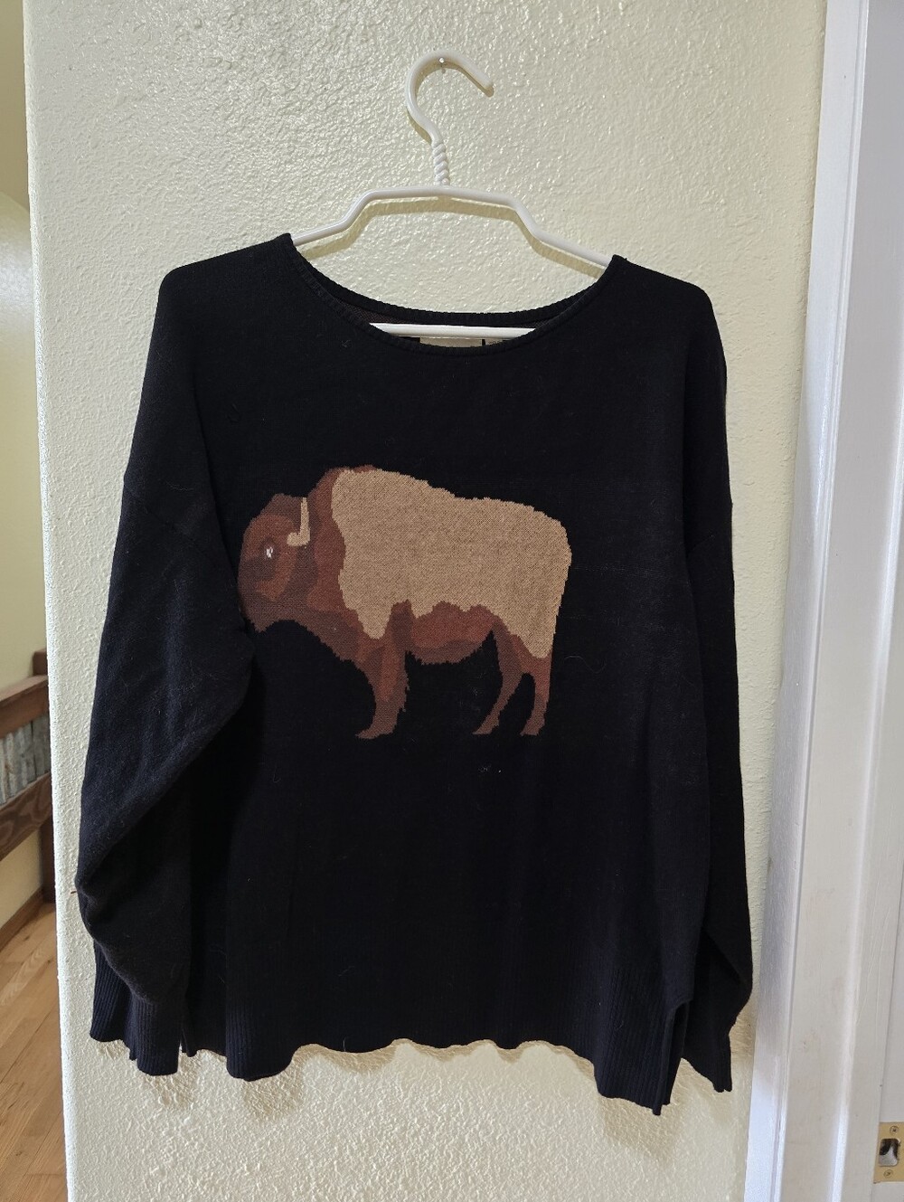 Cotton & Rye Black Sweater with Buffalo Intarsia